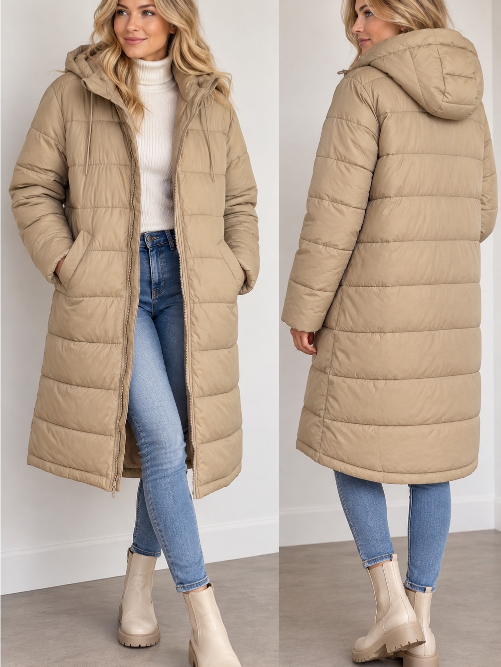 GAP Beige Quilted Hooded Long Puffer Coat
